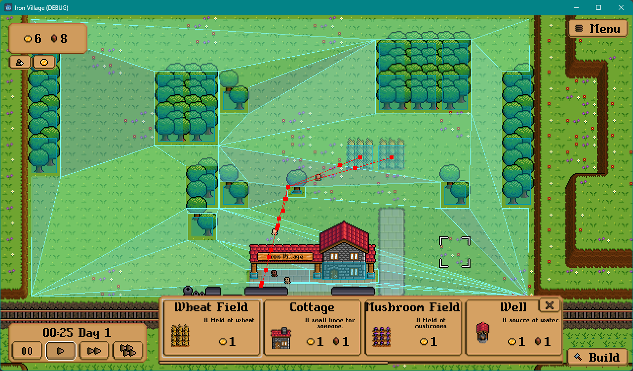 A screenshot of Iron Village, with the navigation polygon showing. The navigation paths are in red.